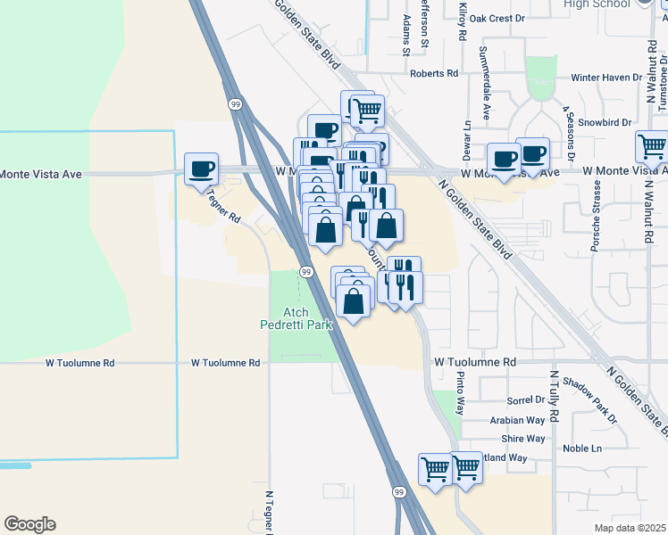 map of restaurants, bars, coffee shops, grocery stores, and more near 2821 Countryside Drive in Turlock
