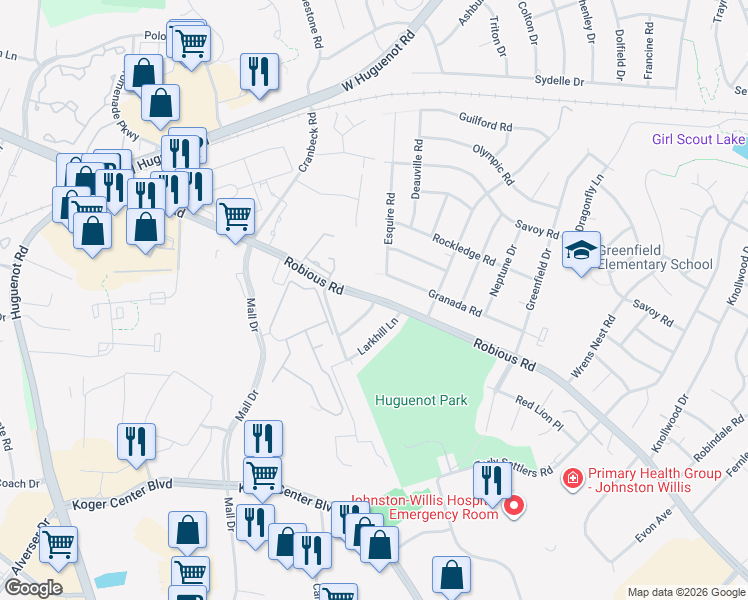 map of restaurants, bars, coffee shops, grocery stores, and more near Robious Road in Richmond
