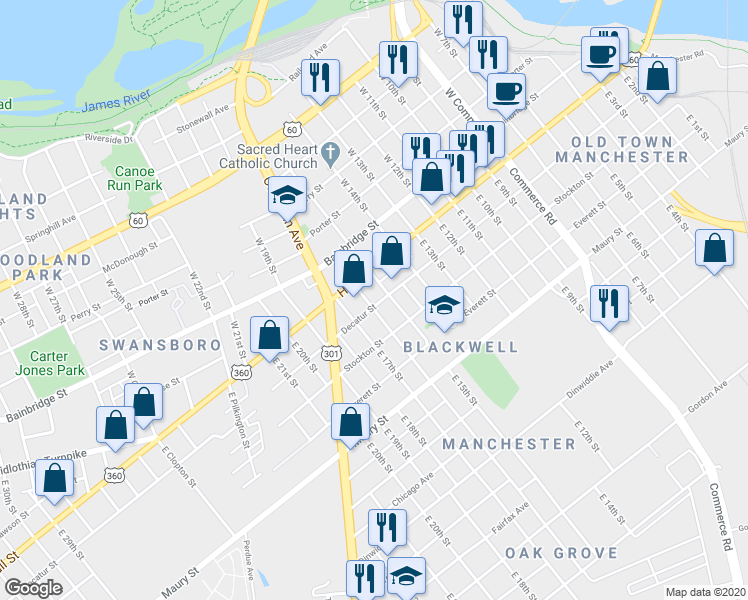 map of restaurants, bars, coffee shops, grocery stores, and more near 1513 Decatur Street in Richmond