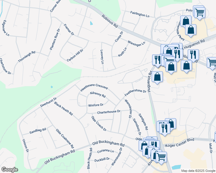 map of restaurants, bars, coffee shops, grocery stores, and more near 11736 Heathmere Crescent in Midlothian