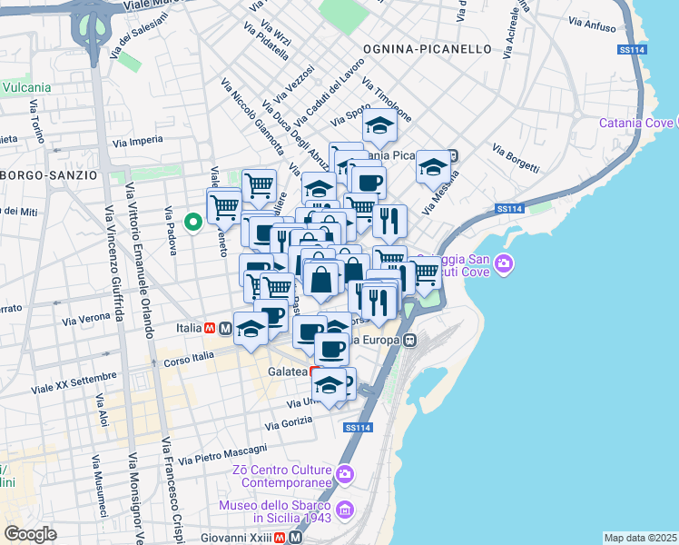 map of restaurants, bars, coffee shops, grocery stores, and more near 33 Via Asiago in Catania