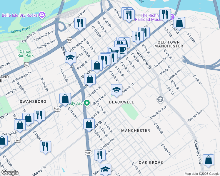 map of restaurants, bars, coffee shops, grocery stores, and more near 119 Lipscomb Street in Richmond