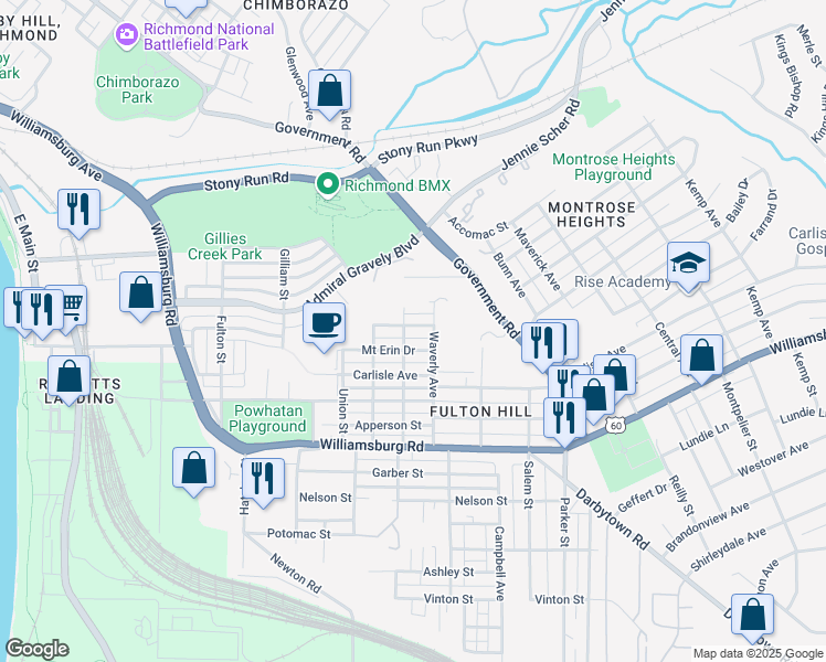 map of restaurants, bars, coffee shops, grocery stores, and more near 1303 Nelwood Drive in Richmond