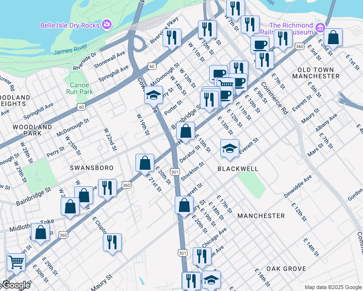 map of restaurants, bars, coffee shops, grocery stores, and more near 1618 Hull St in Richmond