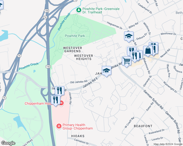 map of restaurants, bars, coffee shops, grocery stores, and more near 1217 Westover Gardens Boulevard in Richmond