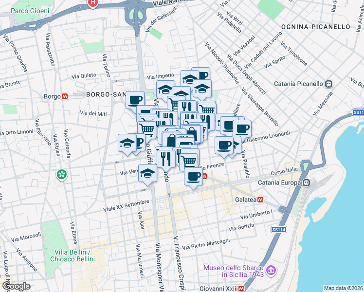 map of restaurants, bars, coffee shops, grocery stores, and more near 138 Via Gabriele D'Annunzio in Catania