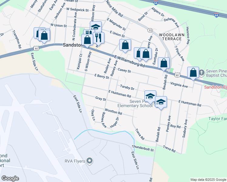 map of restaurants, bars, coffee shops, grocery stores, and more near 113 Olson Lane in Sandston