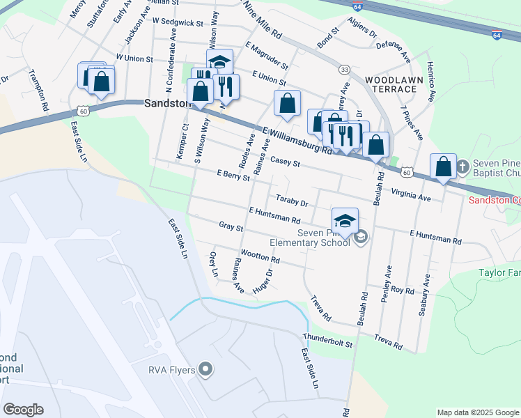 map of restaurants, bars, coffee shops, grocery stores, and more near 113 Olson Lane in Sandston