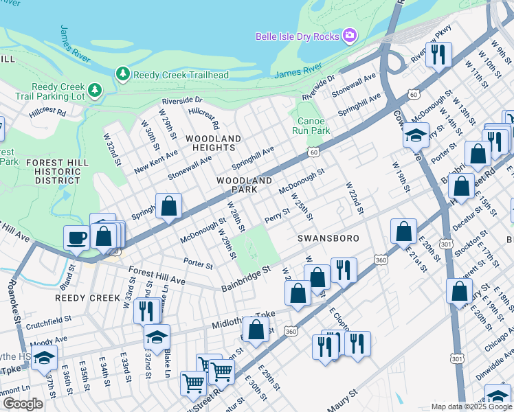 map of restaurants, bars, coffee shops, grocery stores, and more near 319 West 27th Street in Richmond