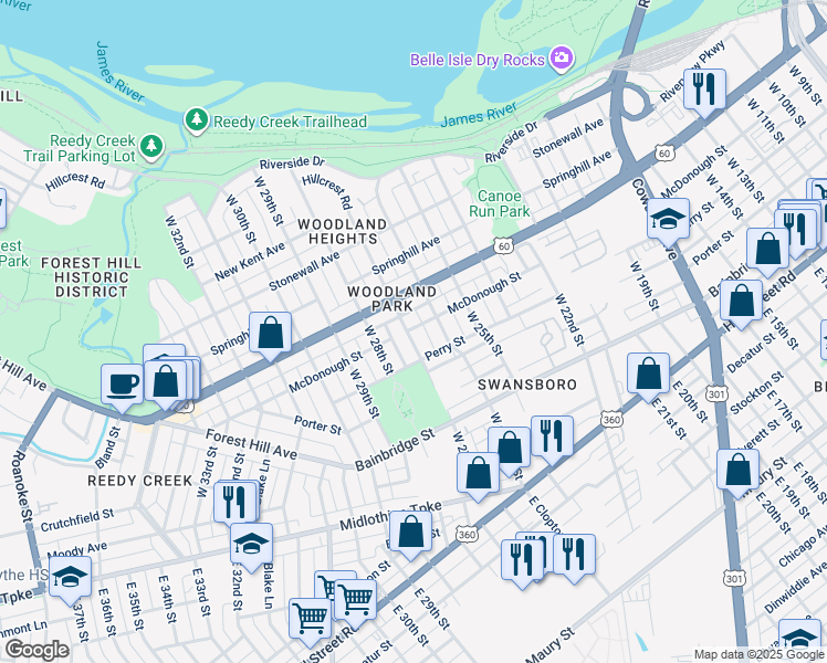 map of restaurants, bars, coffee shops, grocery stores, and more near 319 West 27th Street in Richmond