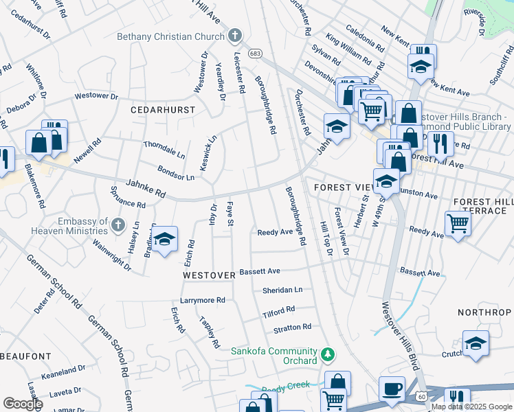 map of restaurants, bars, coffee shops, grocery stores, and more near 1033 Byswick Ln in Richmond