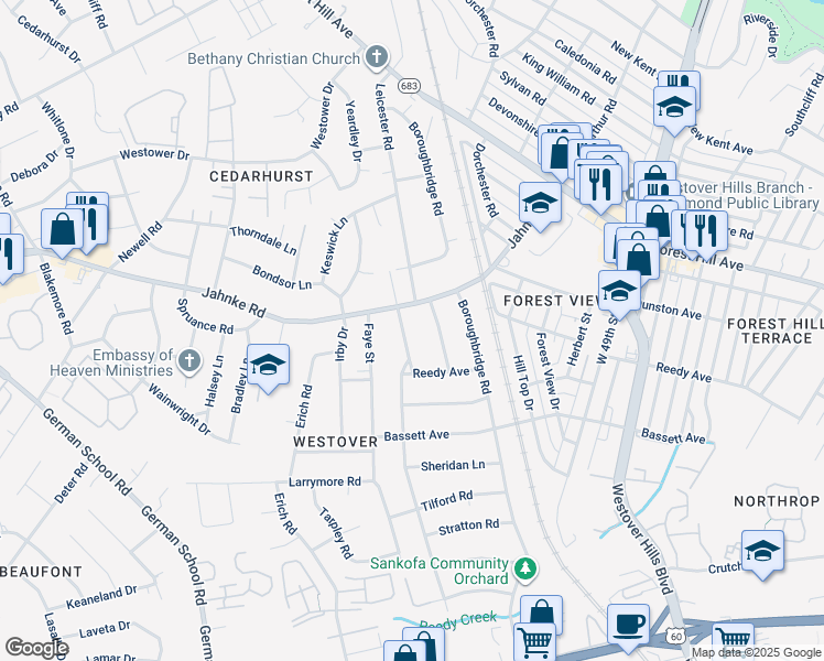 map of restaurants, bars, coffee shops, grocery stores, and more near 1033 Byswick Ln in Richmond