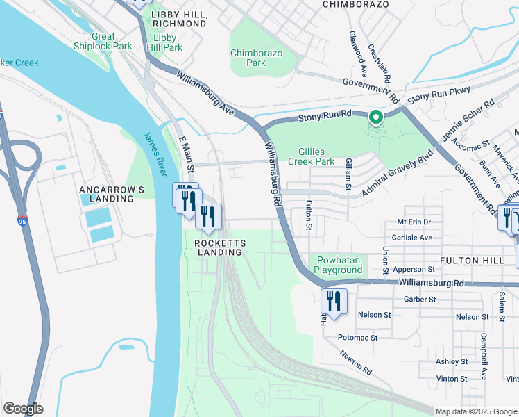 map of restaurants, bars, coffee shops, grocery stores, and more near 306 Orleans Street in Richmond