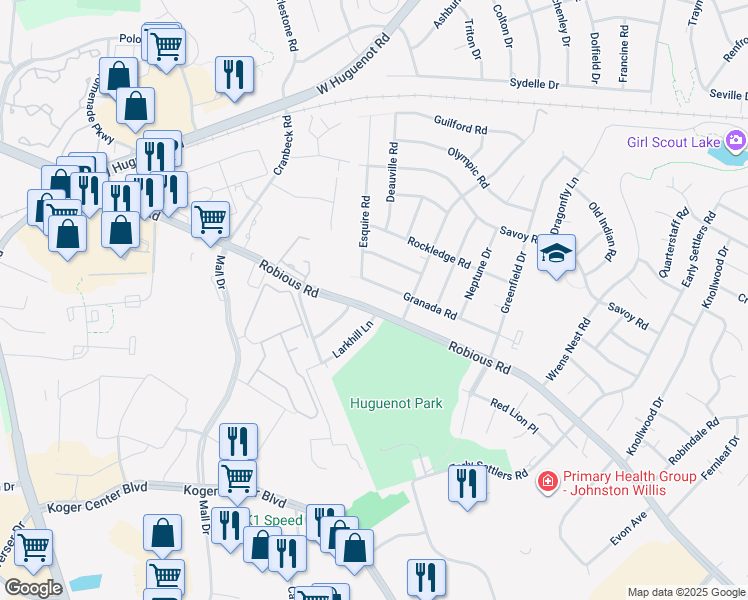 map of restaurants, bars, coffee shops, grocery stores, and more near 11210 Robious Road in Bon Air