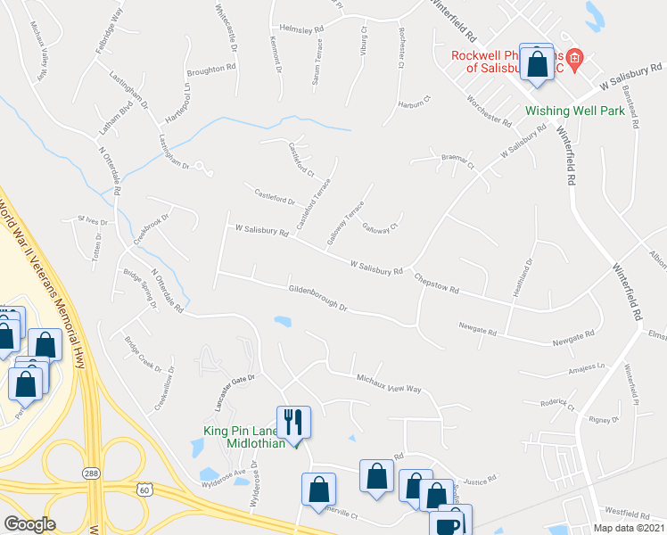 map of restaurants, bars, coffee shops, grocery stores, and more near 14471 West Salisbury Road in Midlothian
