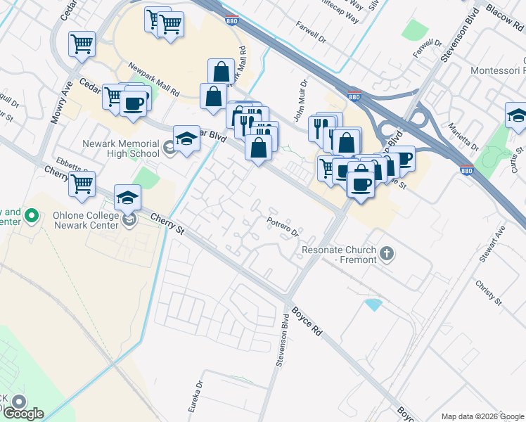 map of restaurants, bars, coffee shops, grocery stores, and more near 6209 Potrero Drive in Newark