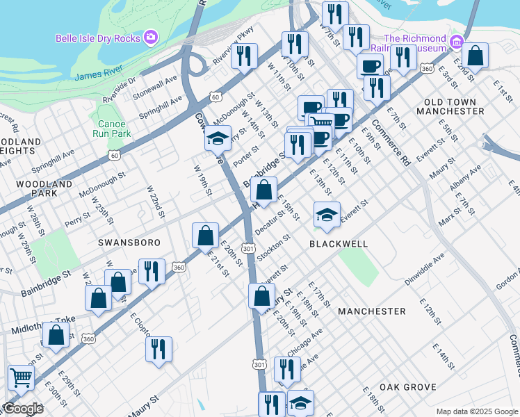 map of restaurants, bars, coffee shops, grocery stores, and more near 1624 East 17th Street in Richmond