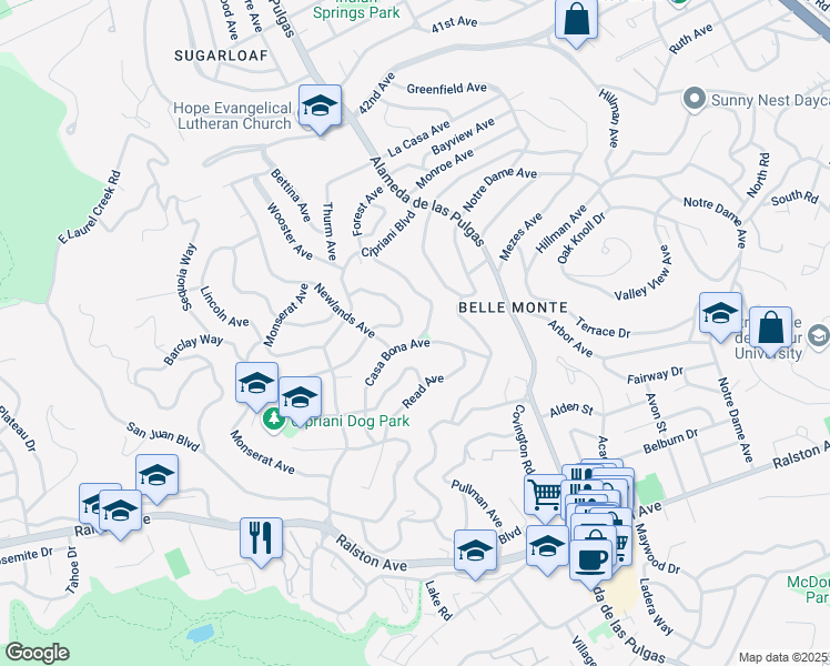 map of restaurants, bars, coffee shops, grocery stores, and more near 2326 Casa Bona Avenue in Belmont