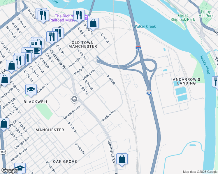 map of restaurants, bars, coffee shops, grocery stores, and more near 925 East 4th Street in Richmond