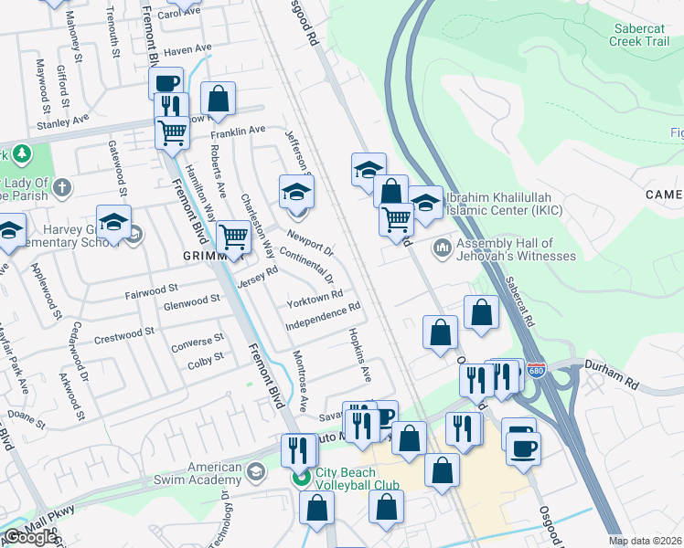 map of restaurants, bars, coffee shops, grocery stores, and more near 43294 Newport Drive in Fremont