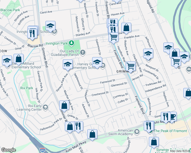 map of restaurants, bars, coffee shops, grocery stores, and more near 4367 Delaware Drive in Fremont