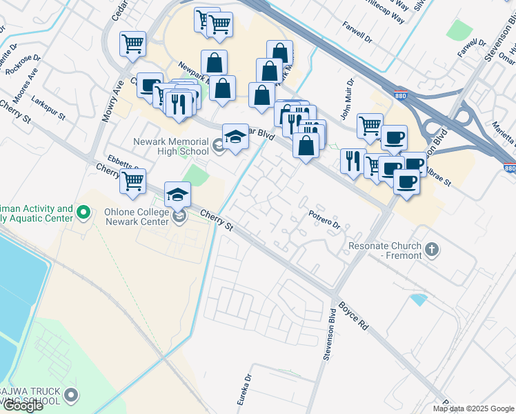 map of restaurants, bars, coffee shops, grocery stores, and more near 6300 Joaquin Murieta Avenue in Newark