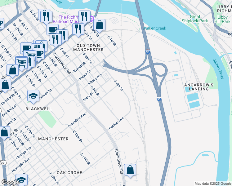 map of restaurants, bars, coffee shops, grocery stores, and more near 925 East 4th Street in Richmond