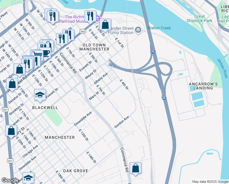 map of restaurants, bars, coffee shops, grocery stores, and more near 700 East 6th Street in Richmond