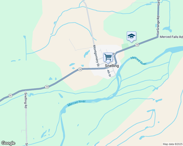 map of restaurants, bars, coffee shops, grocery stores, and more near State Highway 59 in Snelling