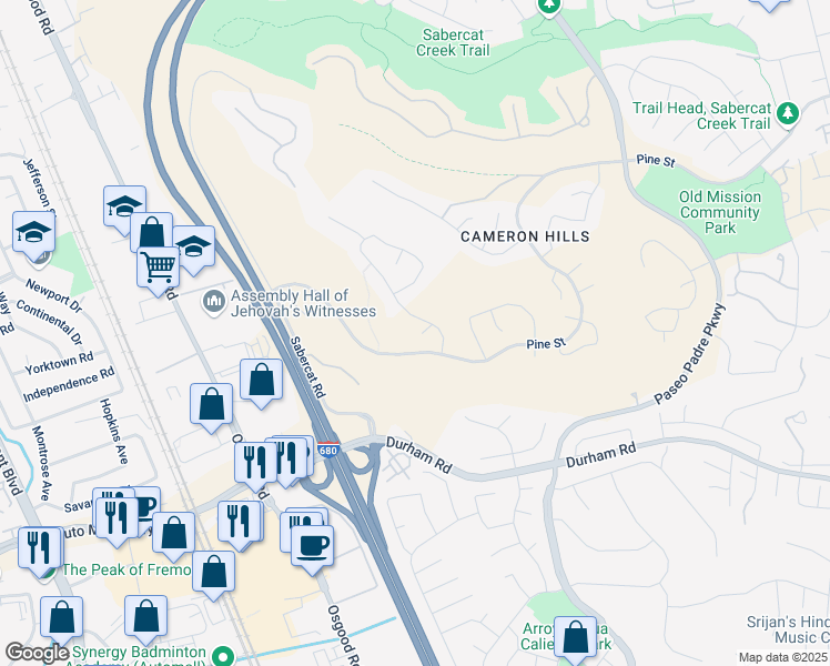 map of restaurants, bars, coffee shops, grocery stores, and more near 43733 Greenhills Way in Fremont