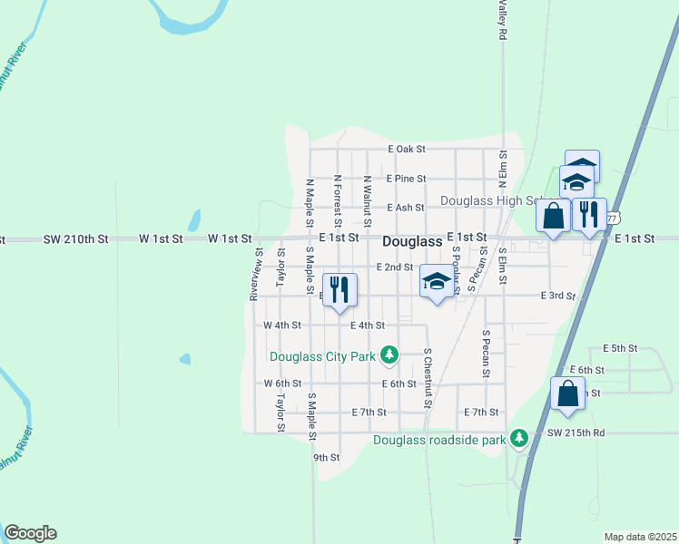 map of restaurants, bars, coffee shops, grocery stores, and more near 206 South Forrest Street in Douglass