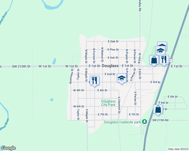 map of restaurants, bars, coffee shops, grocery stores, and more near 206 South Forrest Street in Douglass