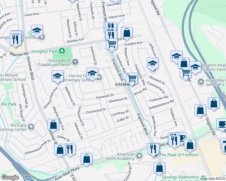 map of restaurants, bars, coffee shops, grocery stores, and more near 4126 Delaware Drive in Fremont