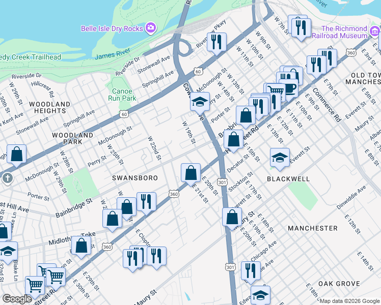 map of restaurants, bars, coffee shops, grocery stores, and more near 1914 Bainbridge Street in Richmond