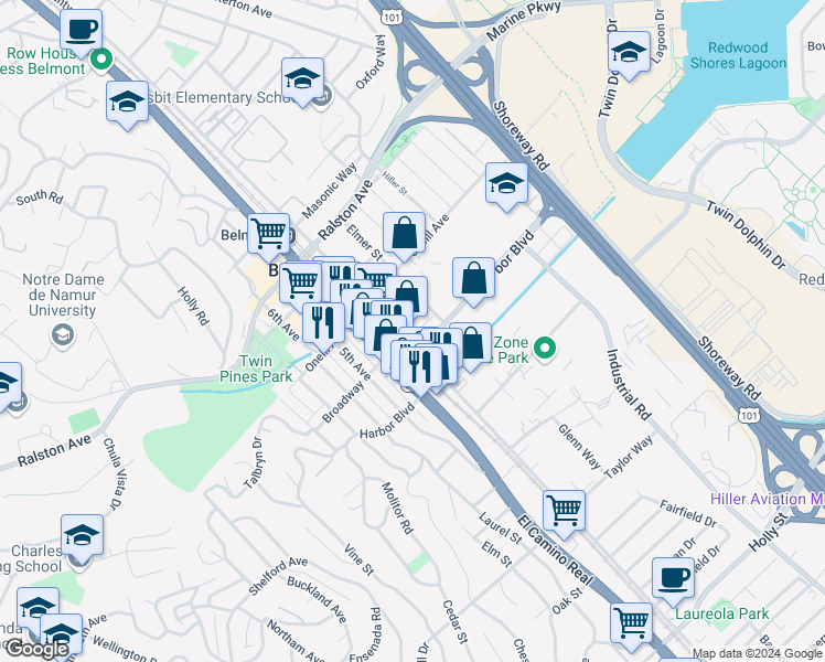 map of restaurants, bars, coffee shops, grocery stores, and more near 1345 Old County Road in Belmont