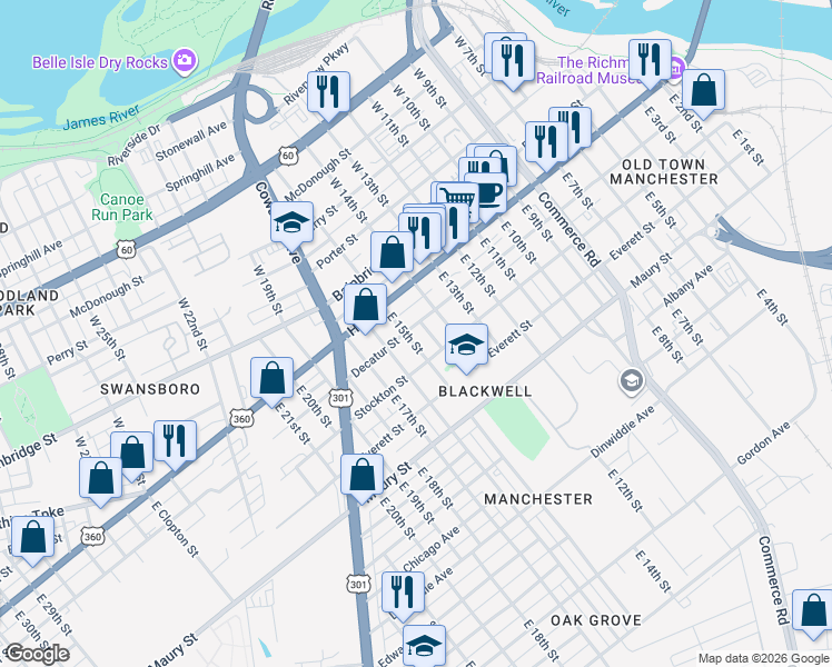 map of restaurants, bars, coffee shops, grocery stores, and more near 119 Lipscomb Street in Richmond