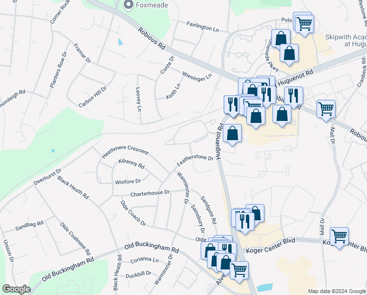 map of restaurants, bars, coffee shops, grocery stores, and more near 11811 South Briar Patch Drive in Midlothian