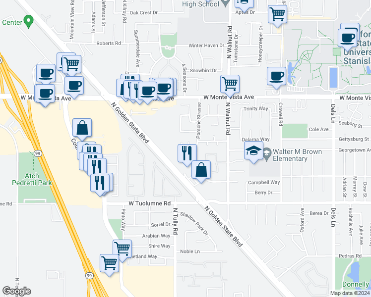map of restaurants, bars, coffee shops, grocery stores, and more near 1930 W Chamberlain Dr in Turlock