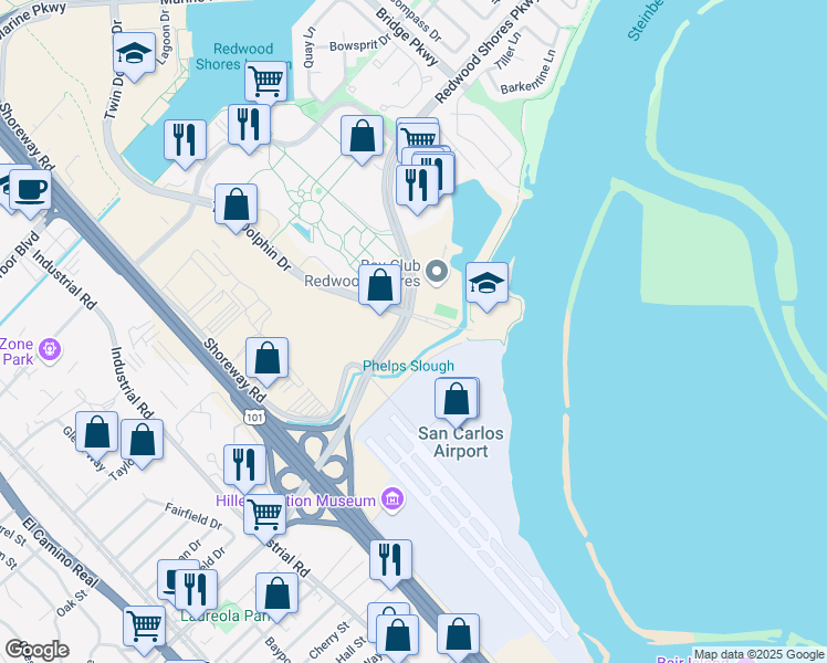 map of restaurants, bars, coffee shops, grocery stores, and more near 100 Redwood Shores Parkway in Redwood City