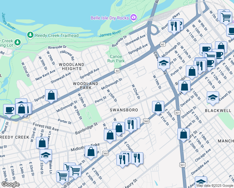 map of restaurants, bars, coffee shops, grocery stores, and more near 2410 Perry Street in Richmond