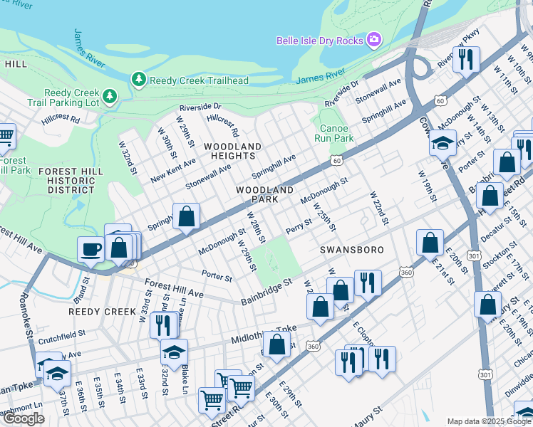 map of restaurants, bars, coffee shops, grocery stores, and more near 402 West 27th Street in Richmond