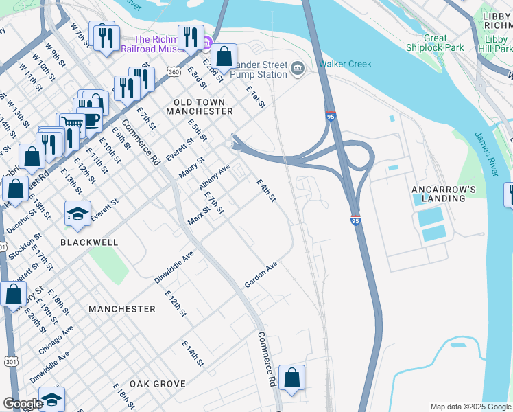 map of restaurants, bars, coffee shops, grocery stores, and more near 700 East 6th Street in Richmond