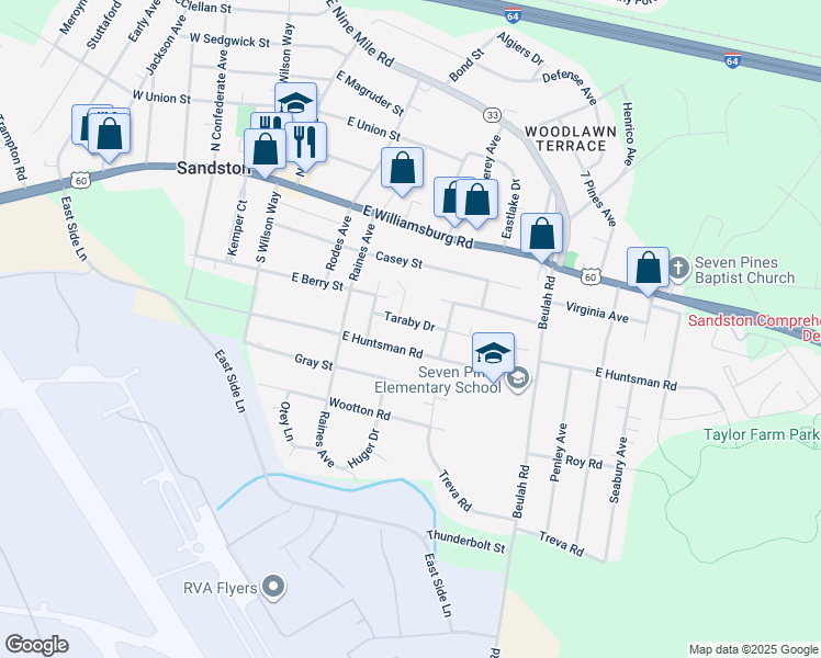 map of restaurants, bars, coffee shops, grocery stores, and more near 101 Taraby Drive in Sandston