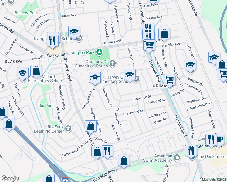 map of restaurants, bars, coffee shops, grocery stores, and more near 42884 Peachwood Street in Fremont