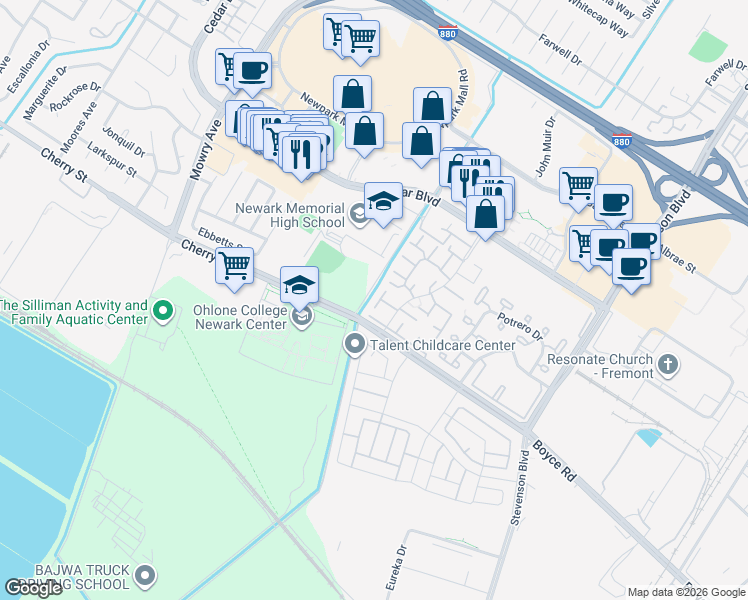 map of restaurants, bars, coffee shops, grocery stores, and more near 6371 Joaquin Murieta Avenue in Newark