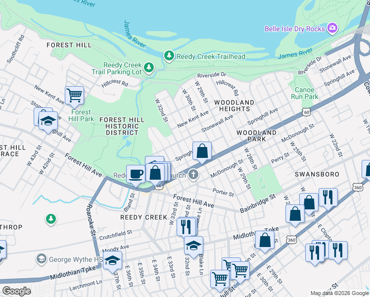 map of restaurants, bars, coffee shops, grocery stores, and more near 600 West 32nd Street in Richmond
