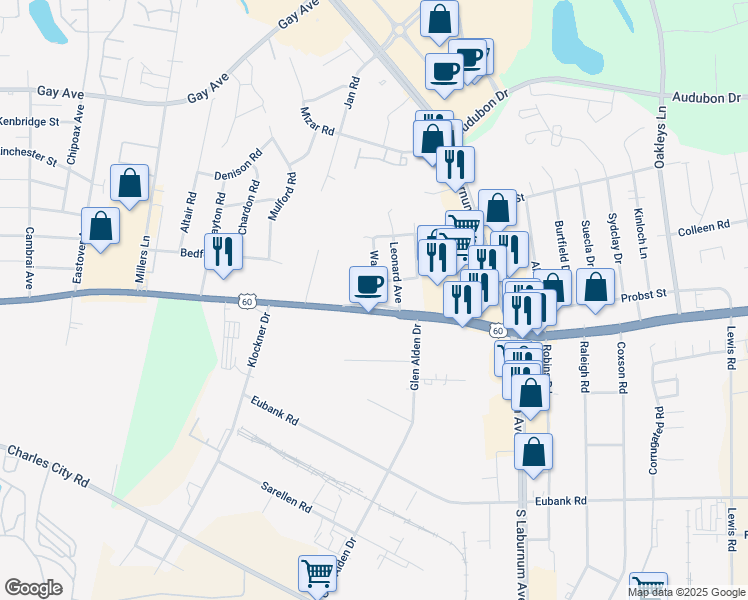map of restaurants, bars, coffee shops, grocery stores, and more near 4206 Aspen Shades Parkway in Richmond