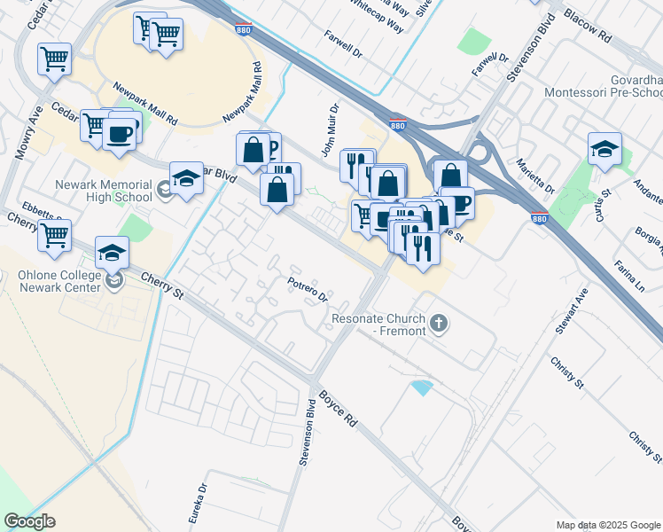 map of restaurants, bars, coffee shops, grocery stores, and more near 39887 Cedar Boulevard in Newark
