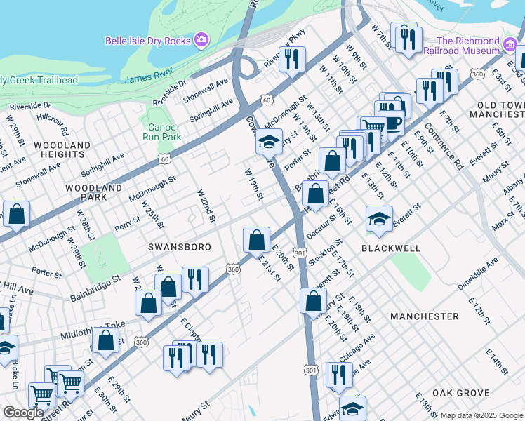 map of restaurants, bars, coffee shops, grocery stores, and more near 1902 Bainbridge Street in Richmond