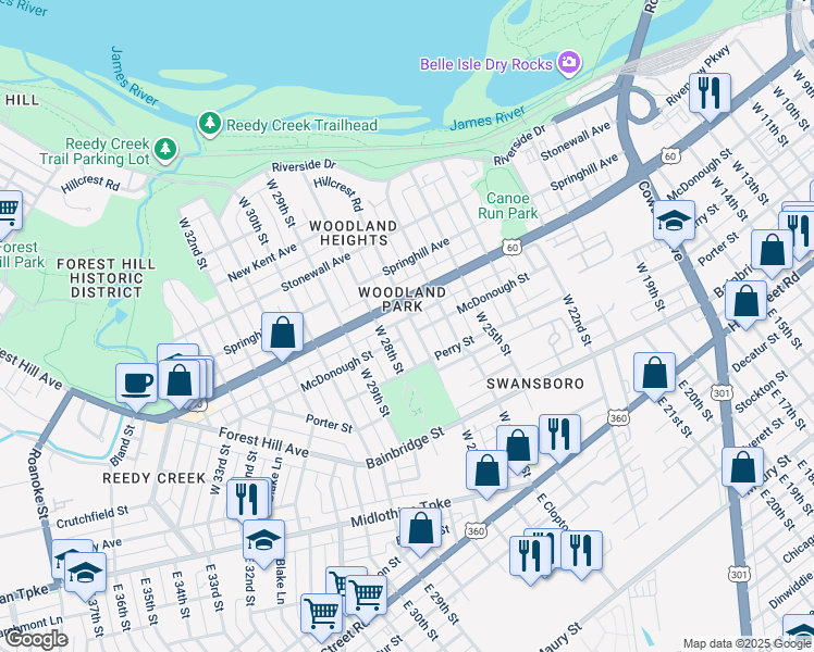 map of restaurants, bars, coffee shops, grocery stores, and more near 402 West 27th Street in Richmond